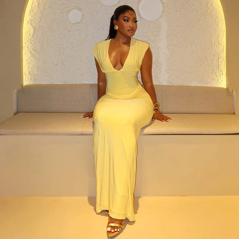 Robe Maxi Bodycon Jaune Froncée | Col V Sans Manches | Slim Longue | Soirée & Club | Femme