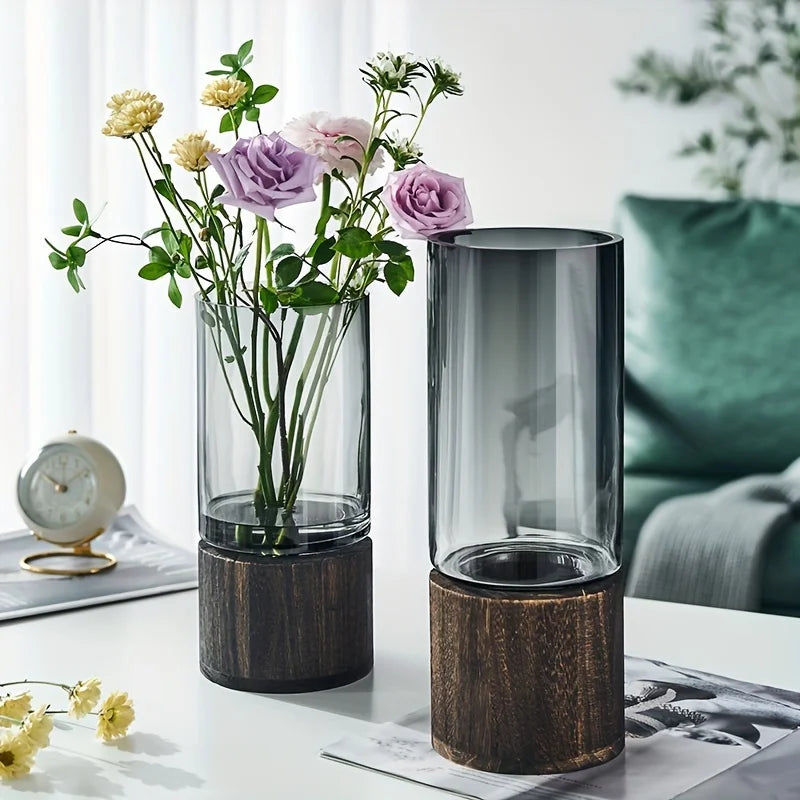 Vase Verre Élégant Base Bois | Plante Hydroponique | Arrangement Floral | Décor Bureau & Maison