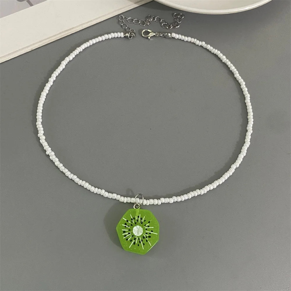 Collier Pendentif Fruits Fait Main | Perles Riz Bohème | Choker Pastèque Citron Fraise | Bijou Fille Femme