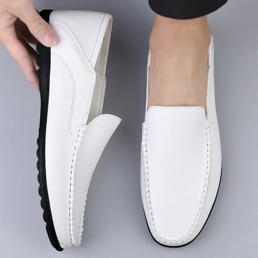 2026 Men's Loafers Wedding Dress White Driving Moccasins Footwear Men Casual Shoes Split Leather Slip-On Lightweight Male Shoes
