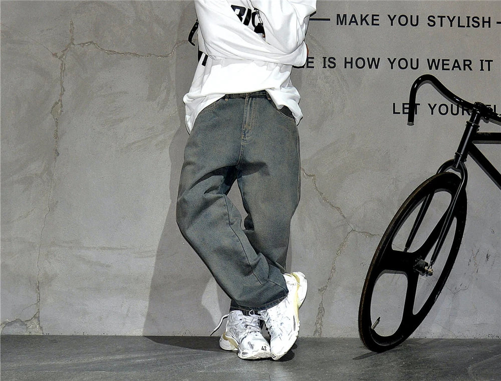 American Streetwear Baggy Jeans For Men's Clothing Vintage Distressed Gray Denim Pants Harajuku Casual Skateboard Pants Male