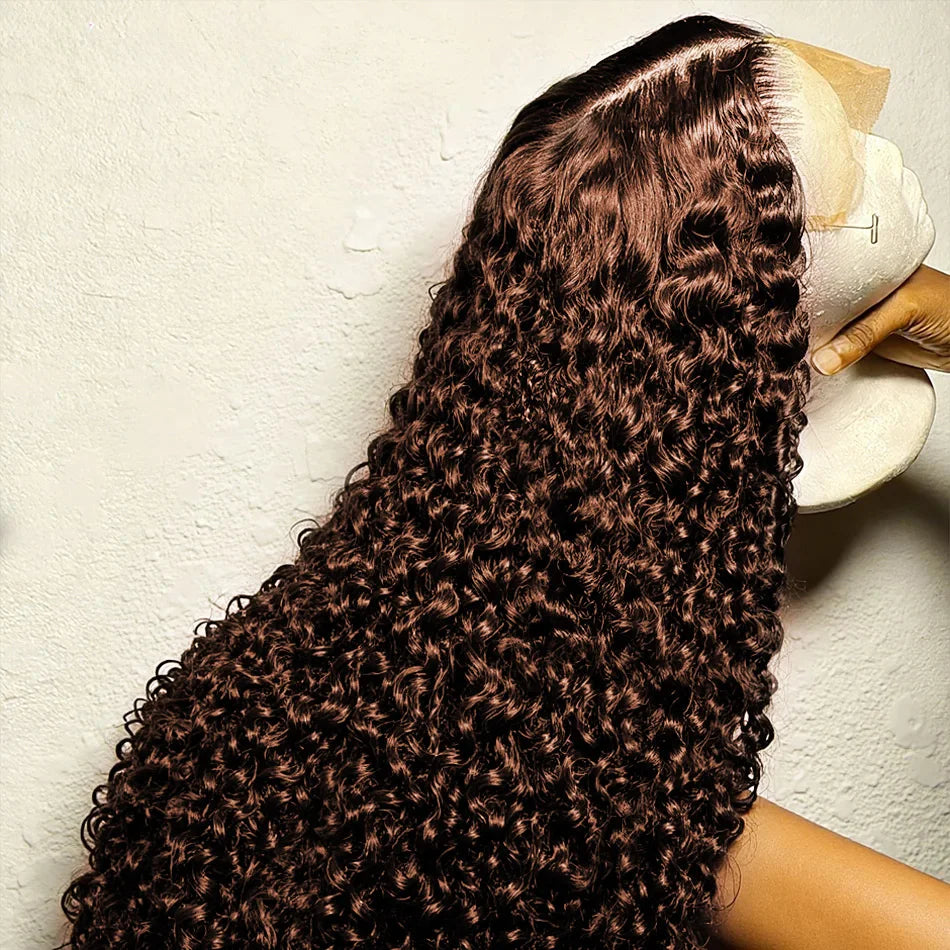 250 Density Chocolate Brown Deep Wave Human Hair Wig 30-38 Inch Transparent Lace Frontal Wigs 13x6 Lace Front Water Curly Wigs