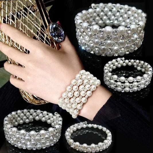 Elegant Multi-Layer Pearl Bracelet Adjustable Crystal Beaded Bangle for Women Wristband Bridal Jewelry Weddings Party Gifts