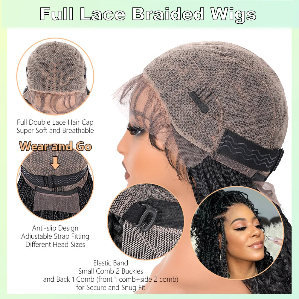 Boho Knotless Box Braided Wigs Full Double Lace Short Braid Wig for Black Women Human Hair Blended Braided Wig with Boho Curls