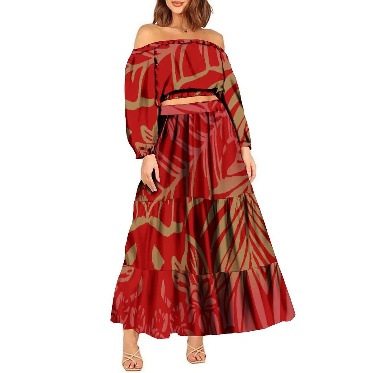 2024 Trendy 2 Piece Set Custom Polynesian Tribal One Shoulder Long Sleeve Crop Top Maxi Skirt Plus Size Women's Sets Dress