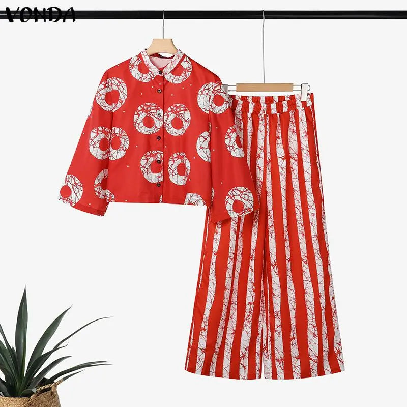 Ensemble 2 Pièces Grande Taille Femme 5XL | Boho Manches 3/4 | Chemise Imprimée & Pantalon Large | Vintage