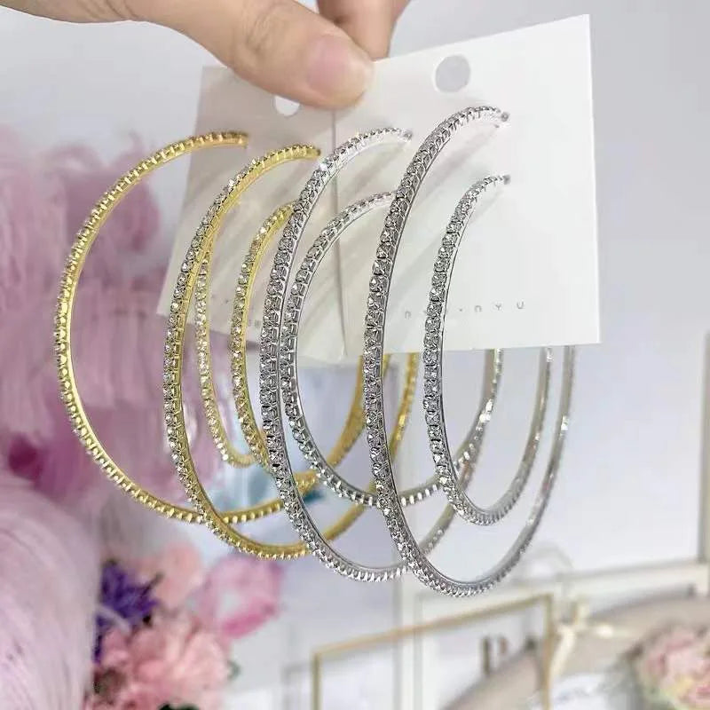 Grandes Boucles Créoles 30-80mm | Cristal Strass Cercle | Noir Or Argent | Femme Fille | Fête Cadeau