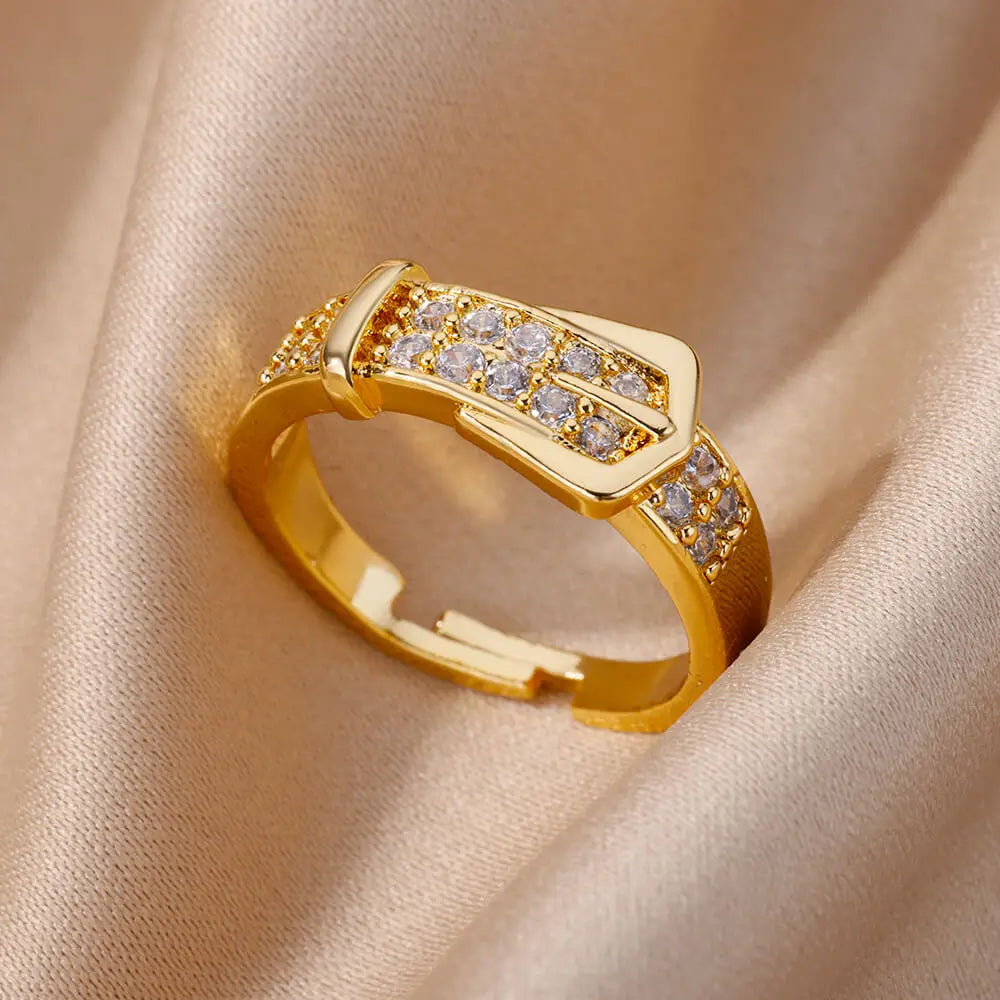 Bague Ceinture Zircon Acier Inoxydable | Doigt Géométrique Ajustable | Esthétique Mariage Femme