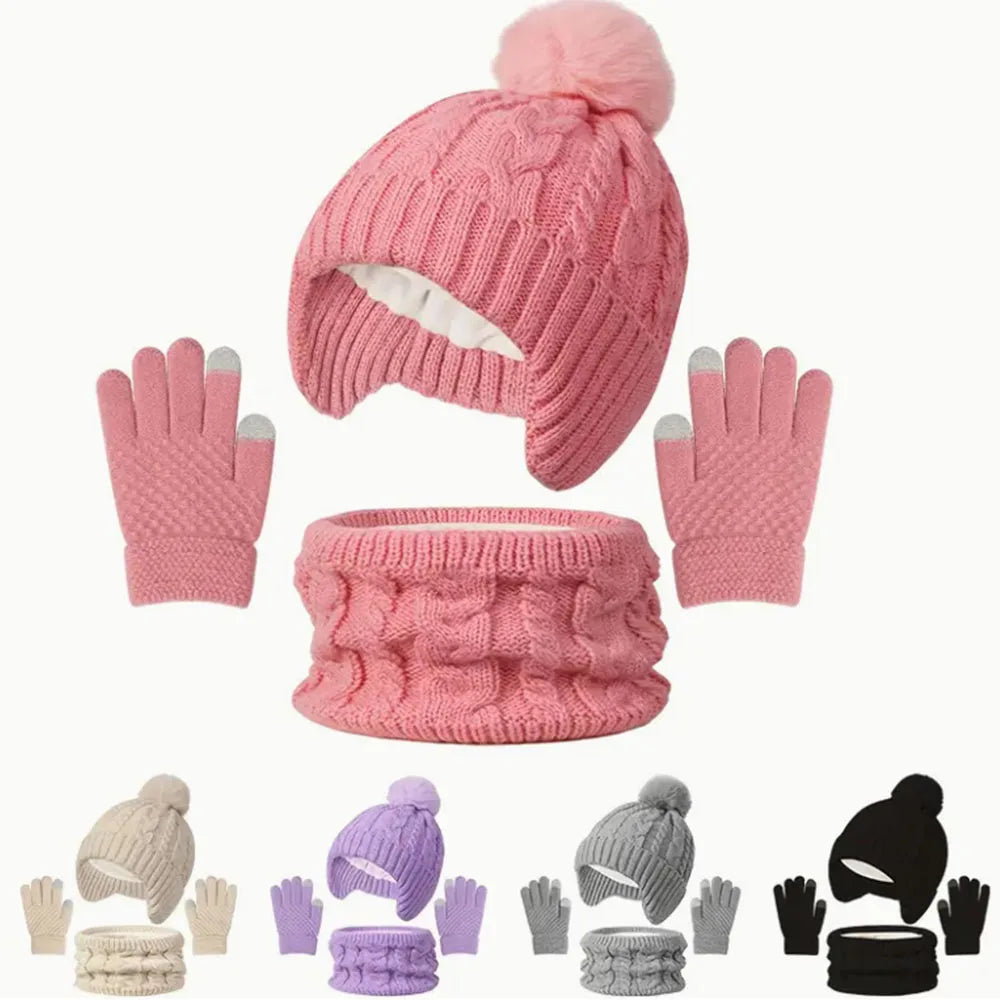 3pcs Kids Winter Warmth Set with Hat, Scarf & Gloves - Soft Pink &, Machine Washable, Polyester-Filled, Perfect for Outdoor
