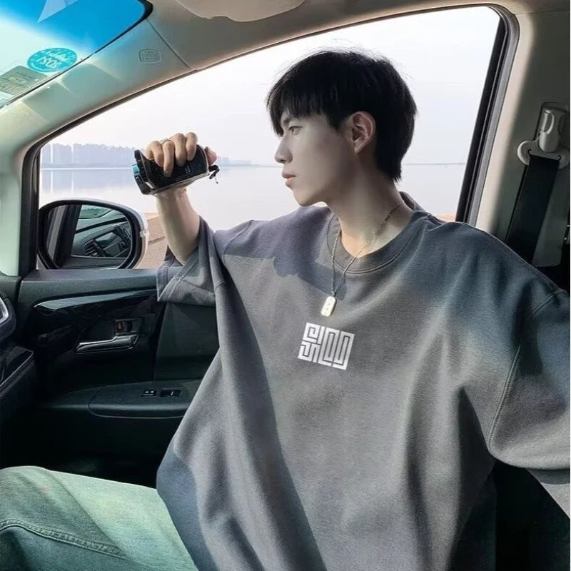 M-8XL Men Oversized Loose-Fitting T-shirt American Style Simple Icon Print Fashionable Tee Oversized Short-Sleeved Youth Trend