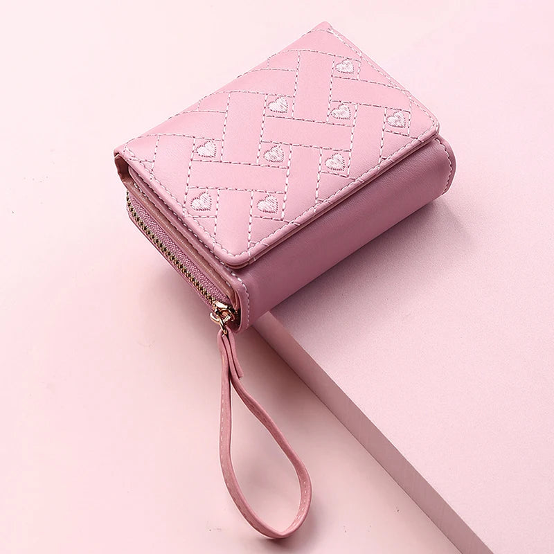 Women's Tri-Fold Wallet PU Card Holder Multi-Object Pocket Short Fashion Embroidered Love Pattern Korean Minimalist New 2023
