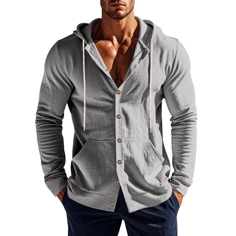 Men's Linen Hoodie Shirt Casual Slim Fit Hooded Long Sleeve Solid Button Down T-shirt Tops New Men Spring Summer Vacation Shirts