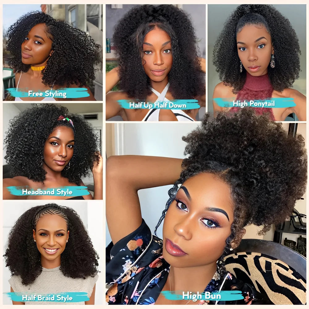 No Glue Upgrade 30 inch 250% HD 360 Lace Front Kinky Curly Wig Drawstring Lace Black Human Hair Water 360 Full Glueless Wigs