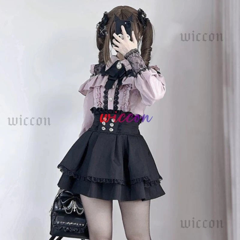 Jirai Kei Outfit Lolita Girls Shirt Skirt Set Women Kawaii Bow Long Sleeve Y2K Casual Aesthetic Shirt Japanese Style Women