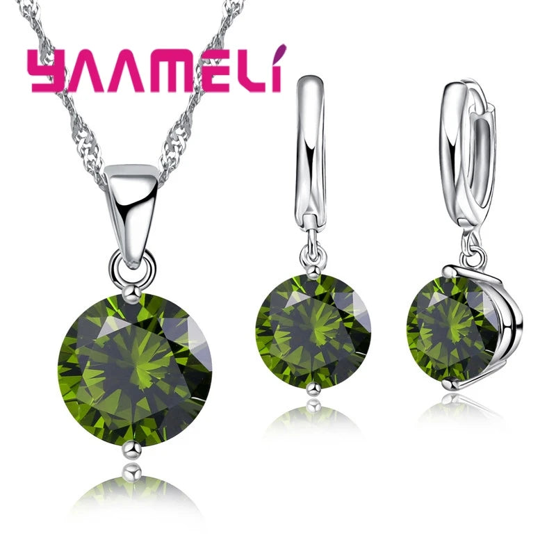 Parure Collier Pendentif & Huggies Argent 925 | CZ Autrichien Cristal | Mariage & Fiçailles | Femme Fille Cadeau