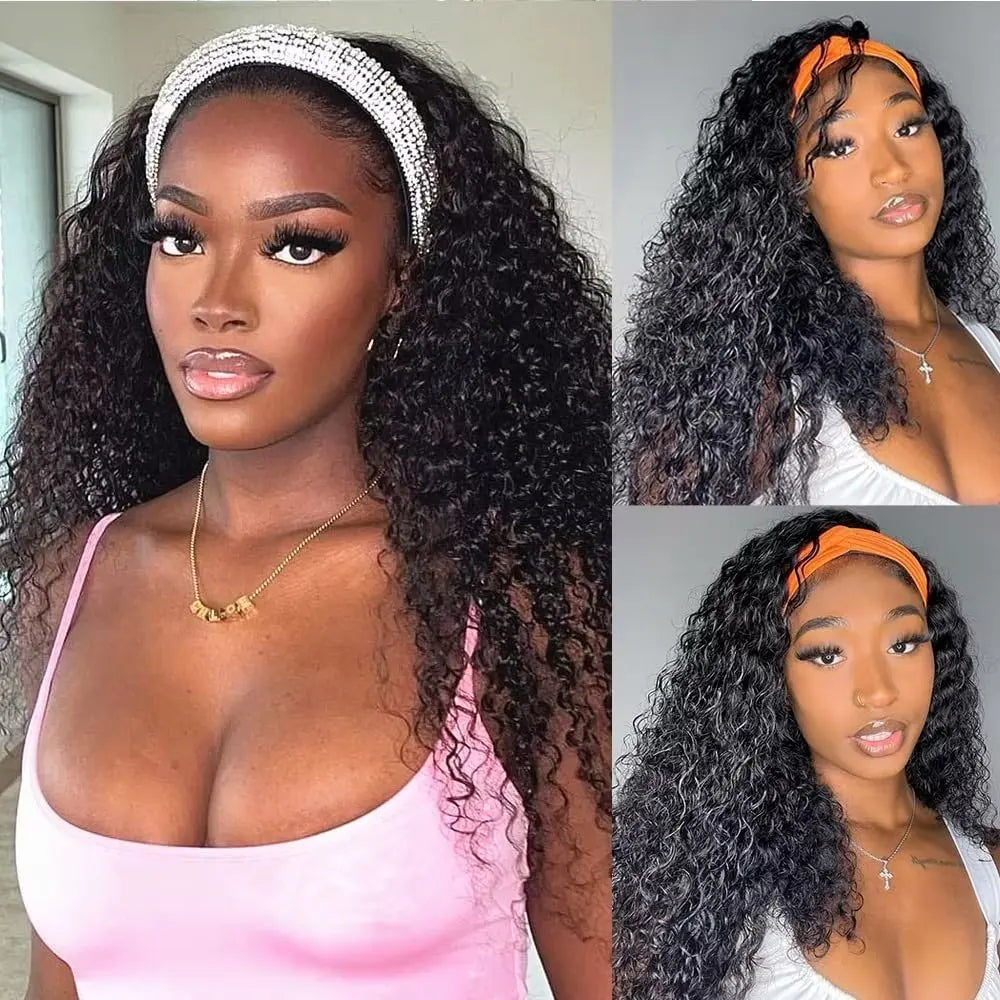 Perruque Headband Kinky Curly | Machine Made | Cheveux Humains Brésiliens Remy | 180% Densité | Couleur Naturelle