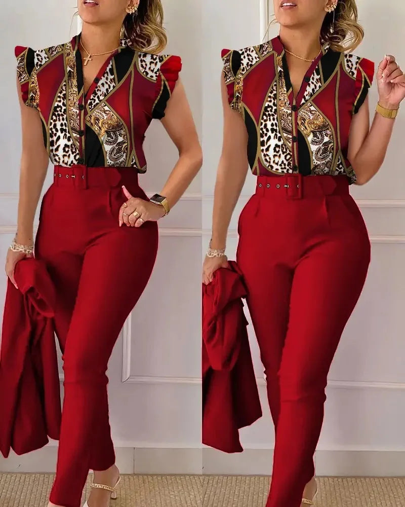Women's Elegant Slim Two-Piece Sets Summer Fashion Print V Neck Button Flying Sleeve Shirt Top & Solid Long Pants Suits With Belt