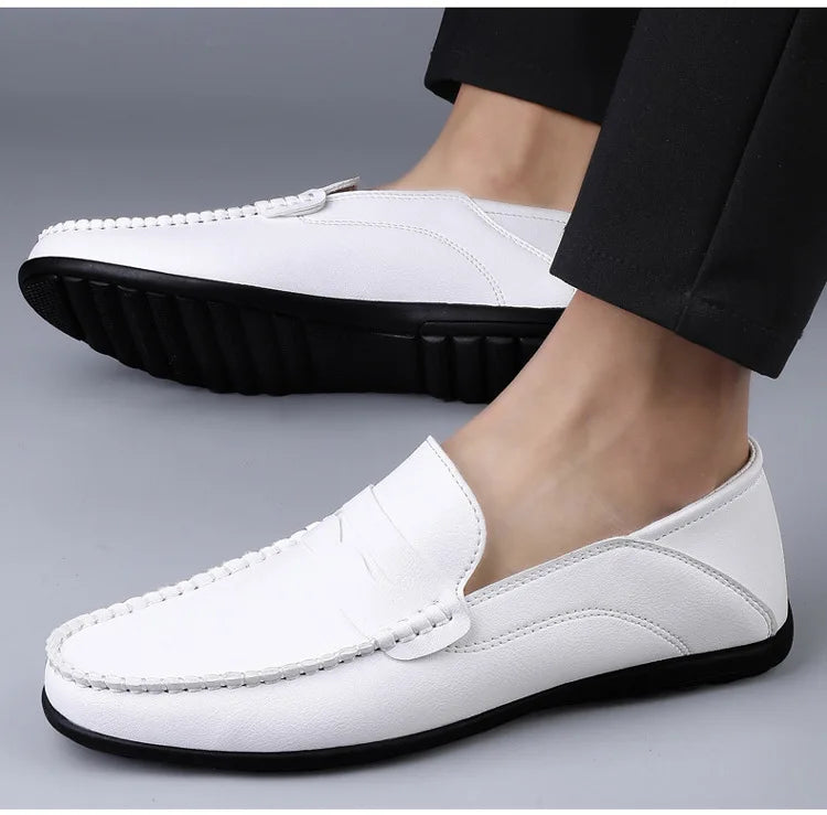 Mocassins Homme Mariage | Cuir Fendu Blanc | Chaussures Conduite Légères | Slip-On Casual Élégant 2026