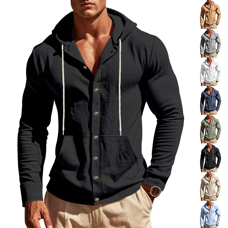 Men's Linen Hoodie Shirt Casual Slim Fit Hooded Long Sleeve Solid Button Down T-shirt Tops New Men Spring Summer Vacation Shirts