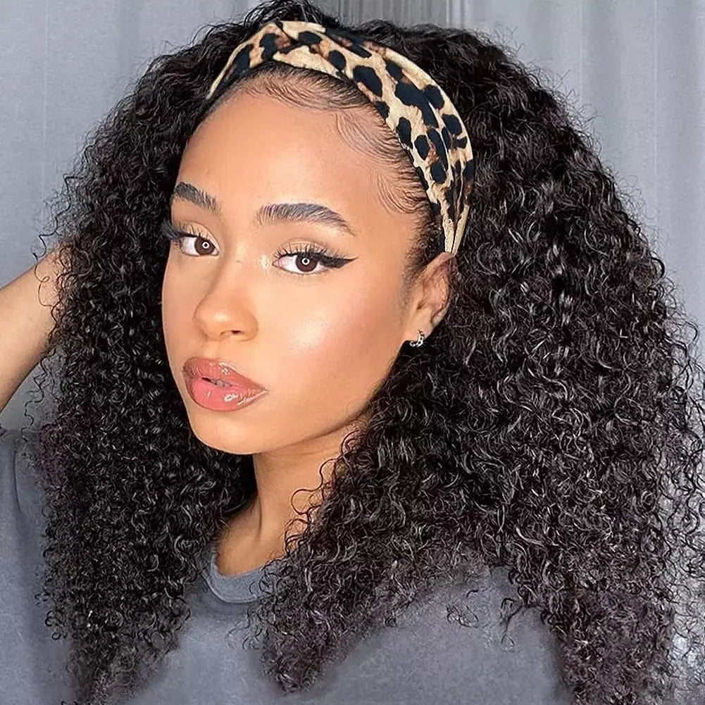 Perruque Headband Kinky Curly | Machine Made | Cheveux Humains Brésiliens Remy | 180% Densité | Couleur Naturelle