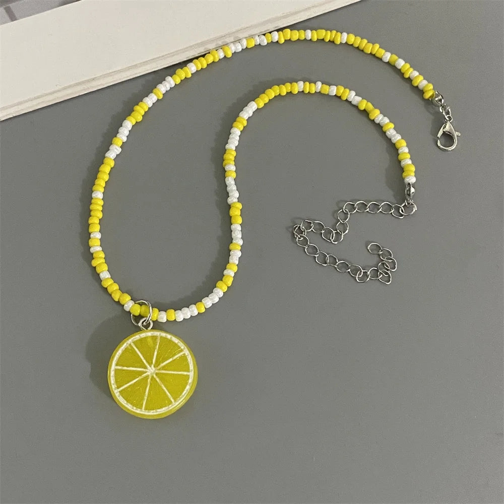 Collier Pendentif Fruits Fait Main | Perles Riz Bohème | Choker Pastèque Citron Fraise | Bijou Fille Femme