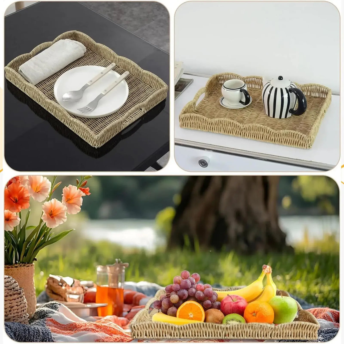 Woven Tray Imitation Rattan Sofa Decor Decorative Tray Basket For Remote Control Book Breakfast Living Room Bedroom Coffee Table