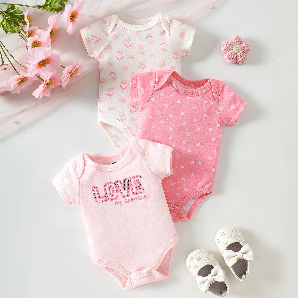 3-Piece Baby Bodysuits | 100% Cotton | Pink LOVE Print | For 0-9 Months Infants