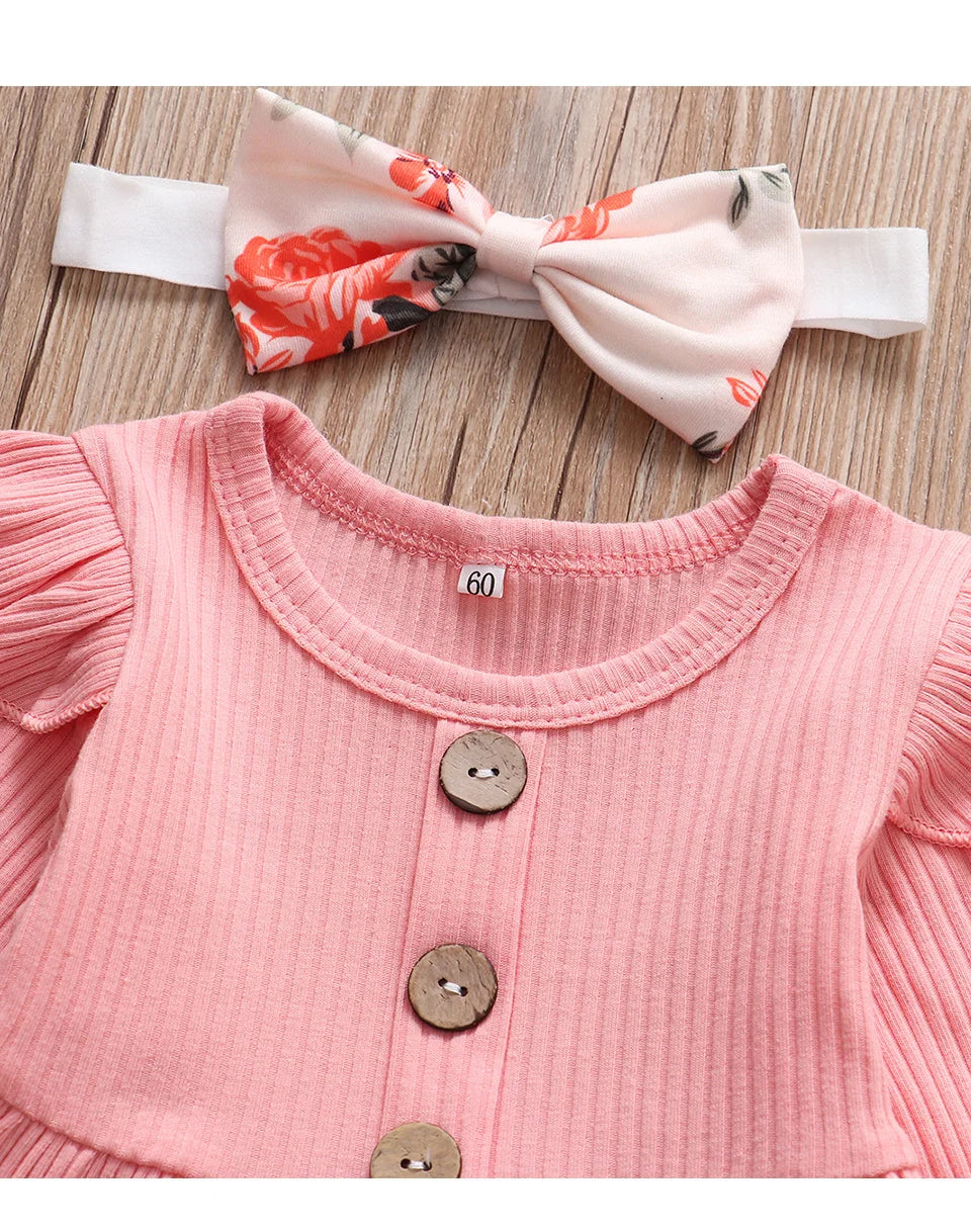 Newborn Baby Girl Clothes Set Solid Knitting Long Sleeve Tops Floral Print Pants Headband 3Pcs Outfits Casual Infant Clothing