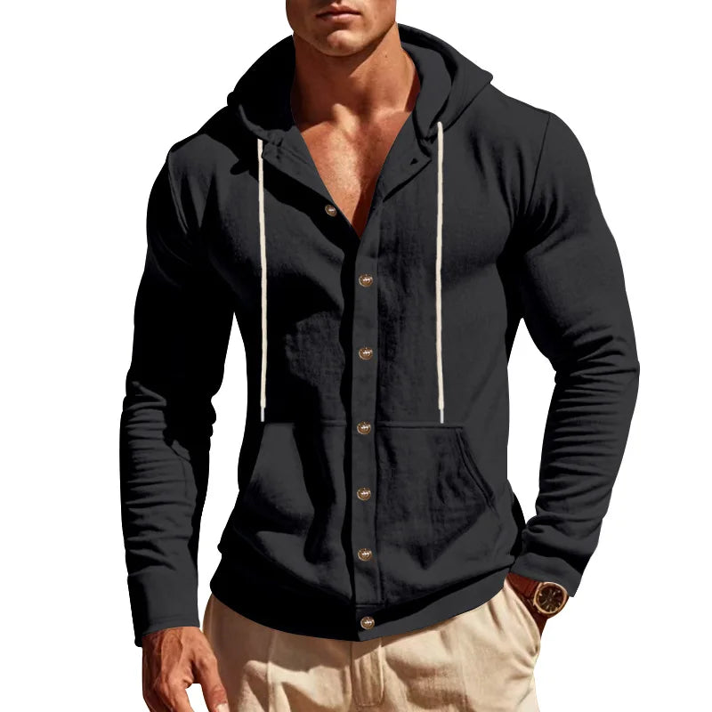 Men's Linen Hoodie Shirt Casual Slim Fit Hooded Long Sleeve Solid Button Down T-shirt Tops New Men Spring Summer Vacation Shirts