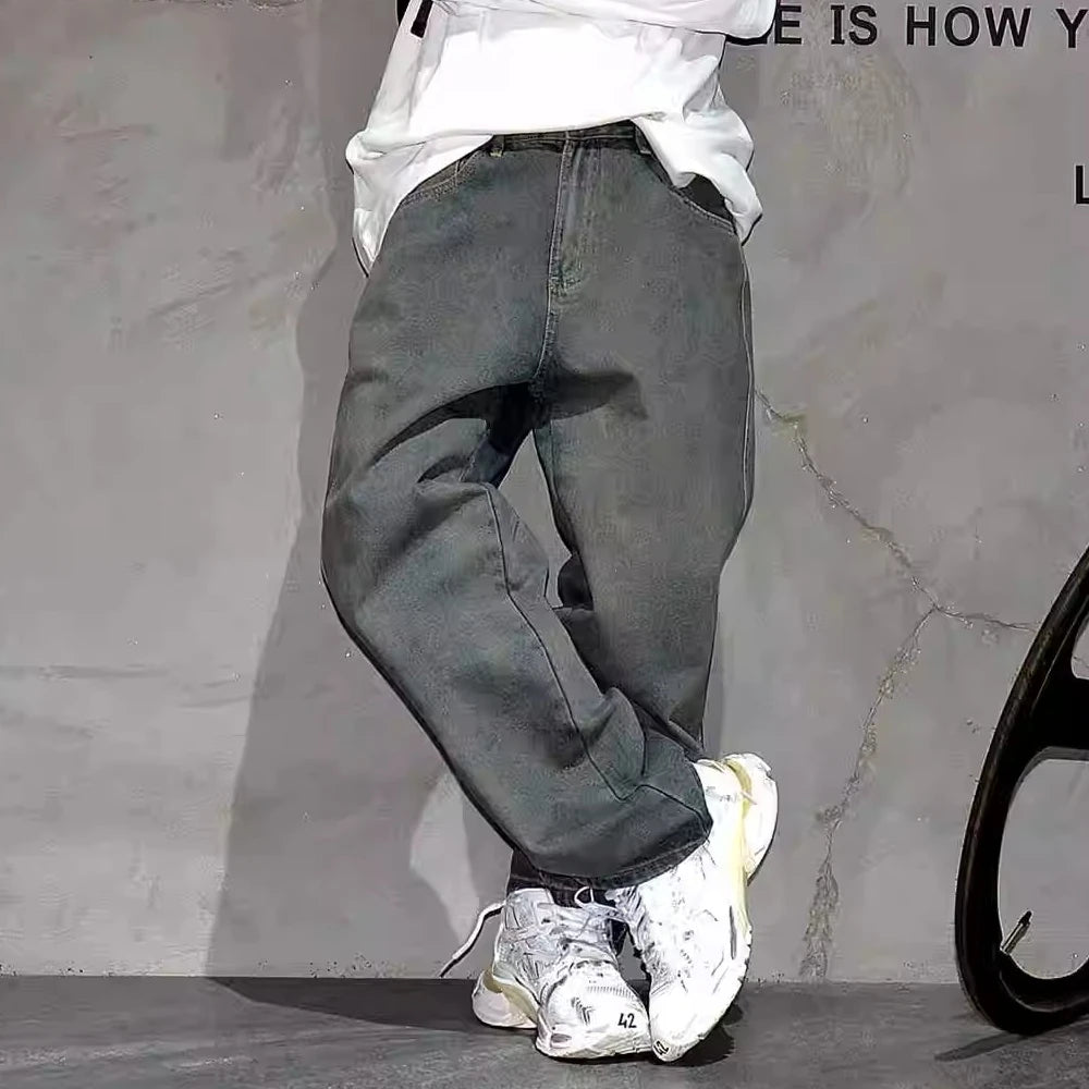 American Streetwear Baggy Jeans For Men's Clothing Vintage Distressed Gray Denim Pants Harajuku Casual Skateboard Pants Male