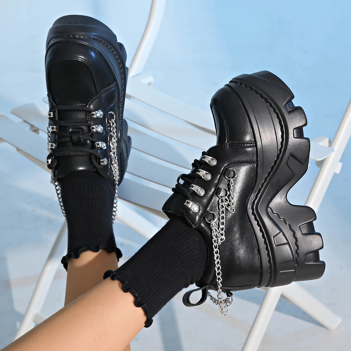 Sneakers Chunky Femme Gothique Punk | Décor Chaîne | Semelle Épaisse Antidérapante | Grande Taille