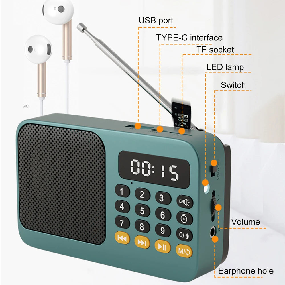 Portable FM Radio with Flashlight Rechargeable Radio TF Card/U Disk Bluetooth 5.0 MP3 Music Player Wireless Speaker