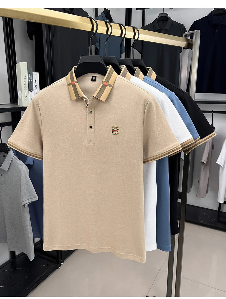 Luxury brand logo short-sleeved polo shirt for men's summer new high-end silk-cotton breathable casual fashion T-shirt clothing