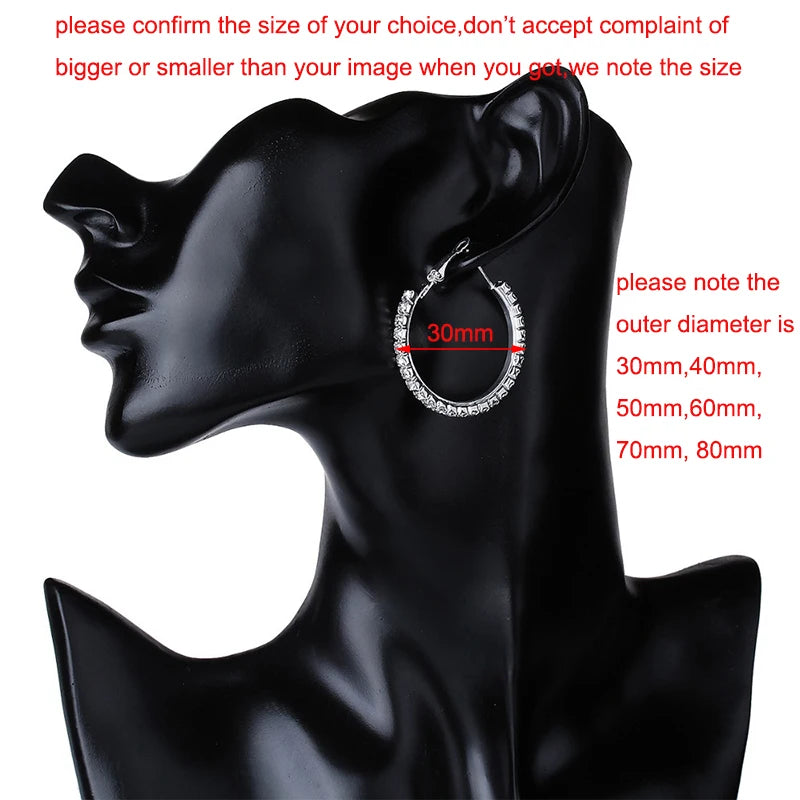 Grandes Boucles Créoles 30-80mm | Cristal Strass Cercle | Noir Or Argent | Femme Fille | Fête Cadeau