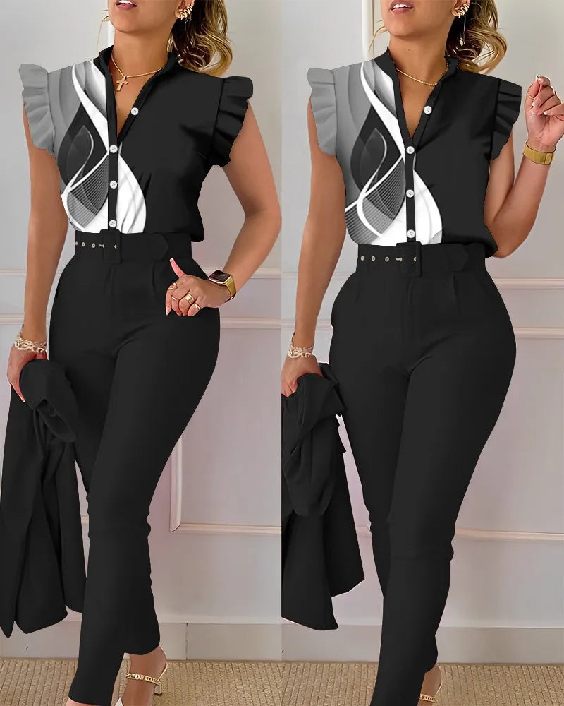 Women's Elegant Slim Two-Piece Sets Summer Fashion Print V Neck Button Flying Sleeve Shirt Top & Solid Long Pants Suits With Belt