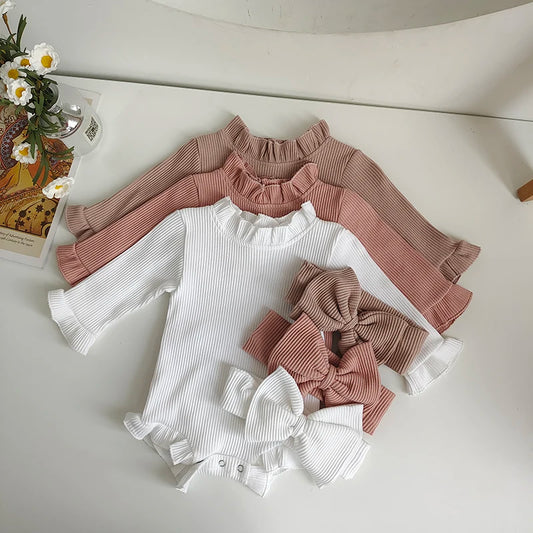 Fashion Toddler Baby Girls Romper Outfits Set Cotton Ribbed Flared Sleeve Jumpsuit + Bow Headband Sweet Newborn Infant Clothing