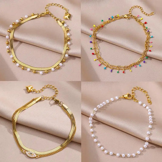 Bracelet de Cheville Femme Plage Été | Chaîne Acier Inox Perle Imitation | Couleur Or | Bijou Pied