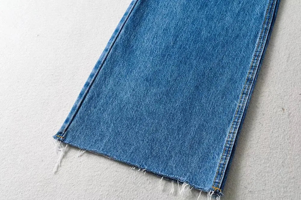 Jean Femme Taille Haute 2025 | Printemps-Automne | Décontracté Droit | Ourlet Brut Longueur Sol | Vintage