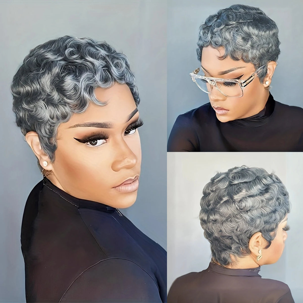 Human Hair Wig 6Inch Natural Grey with Loose Curls 180% Density Machine-Made Wig with Rose Net Cap Comfortable Fit for Daily Wear