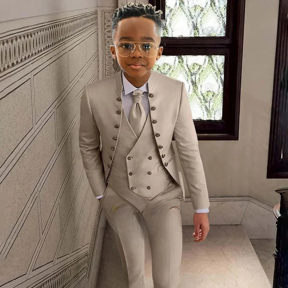 Fashionable Kids Stand-up Collar Suits 3 Pieces Jacket Vest Pants Performance Outfit Comfortable Boys Tuxedo Wedding Guest Wear