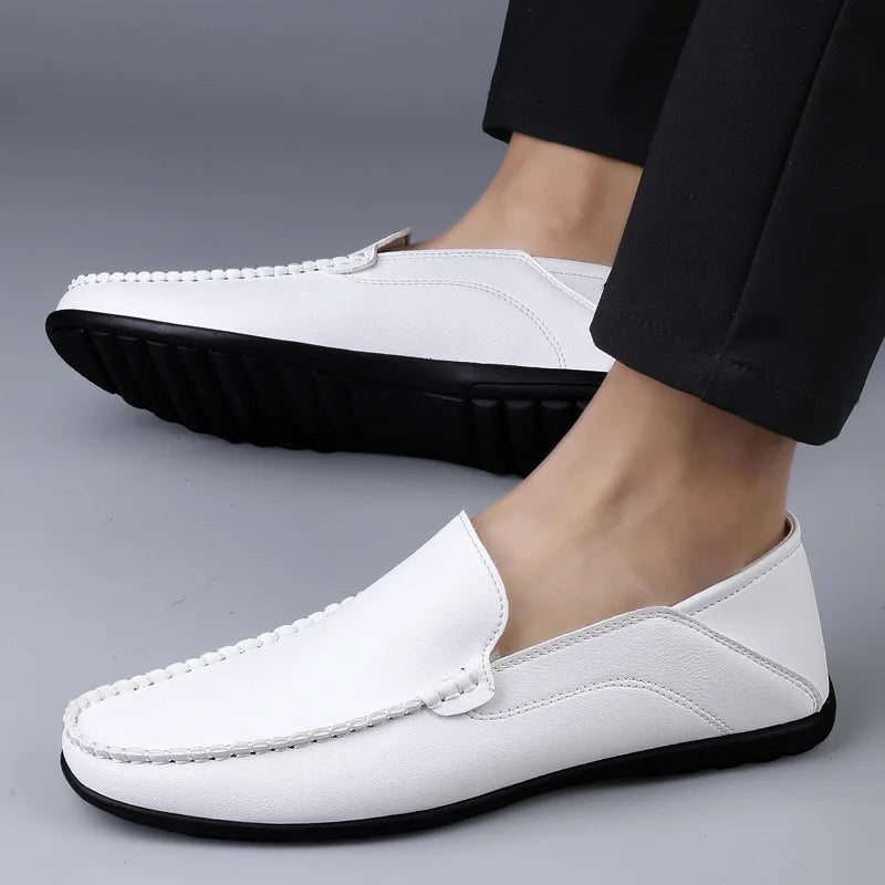 Mocassins Homme Mariage | Cuir Fendu Blanc | Chaussures Conduite Légères | Slip-On Casual Élégant 2026