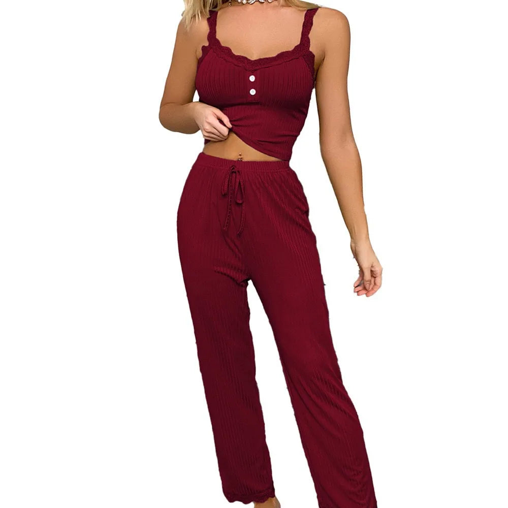 New Women's Two-Piece Pajama Set with Solid Color Lace Edging, Sexy Slim Fit Suspender, and Pants - Soft and Comfortable Pajamas Set