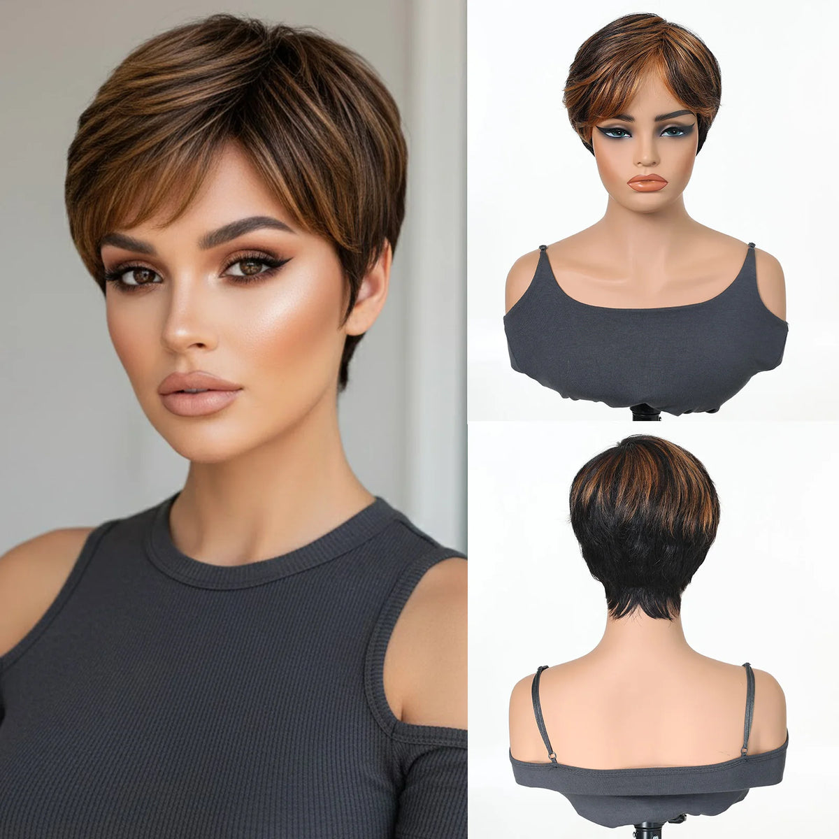 100% Human Hair Wig Short Bob Pixie Cut Highlight Wig Brown Mixed Blonde Straight Hair With Bangs For Black Women Natural