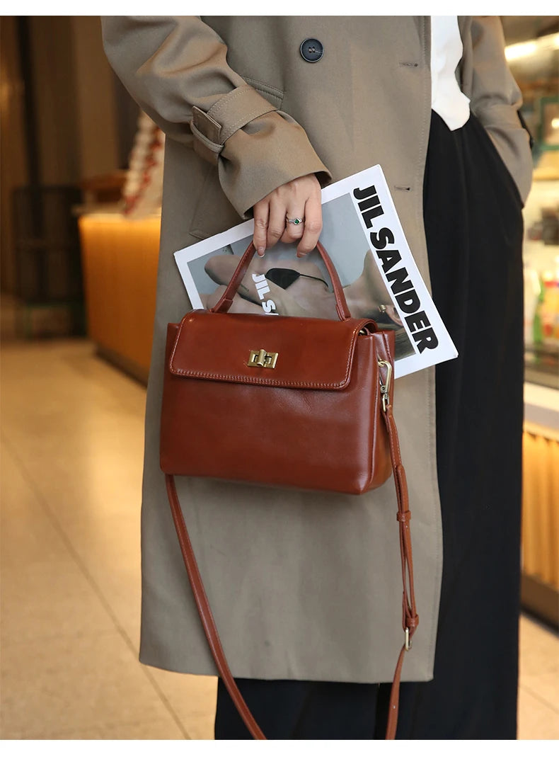 Sac à Main Cuir Véritable Femme | Top Handle Vintage | Cire Huile | Bandoulière Croisée | Designer Luxe