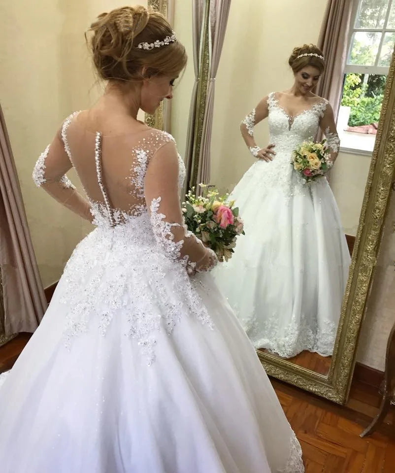 Robe de Mariée Bohème Sexy | Manches Longues Dentelle | Silhouette A-Line | Traîne Courte | Sur Mesure | Blanc & Ivoire