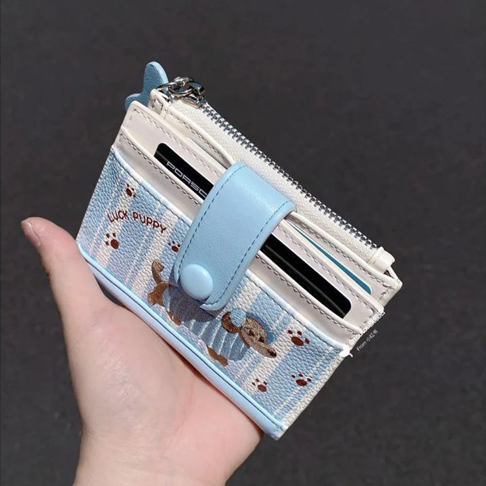 Women's Cute Cartoon Embroidered Sausage Dog Wallet Zipper Coin Purse Double Fold Card Holder Wallet Ultra Thin Leather Money Clip