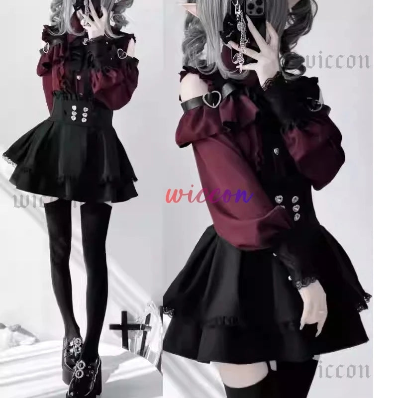 Jirai Kei Outfit Lolita Girls Shirt Skirt Set Women Kawaii Bow Long Sleeve Y2K Casual Aesthetic Shirt Japanese Style Women