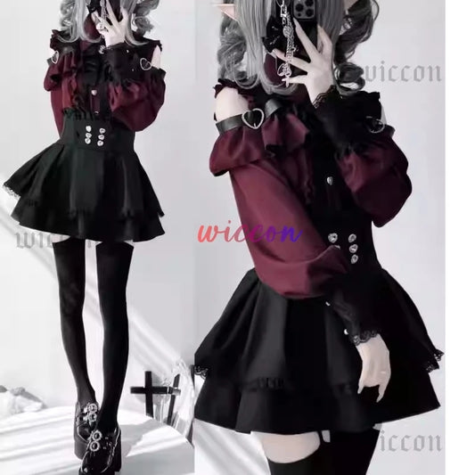 Jirai Kei Outfit Lolita Girls Shirt Skirt Set Women Kawaii Bow Long Sleeve Y2K Casual Aesthetic Shirt Japanese Style Women