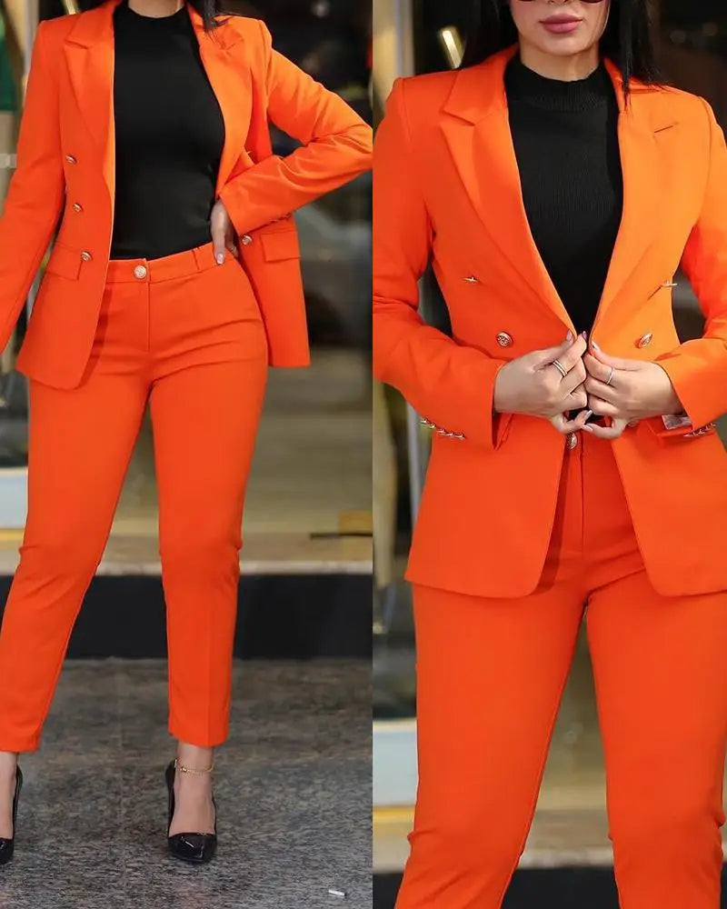 Pants Sets Two Piece Women Cardigan Blazer Double Breasted Slim Fit Pencil Pants Pockets Solid Casual Suits Outwear Spring 2025