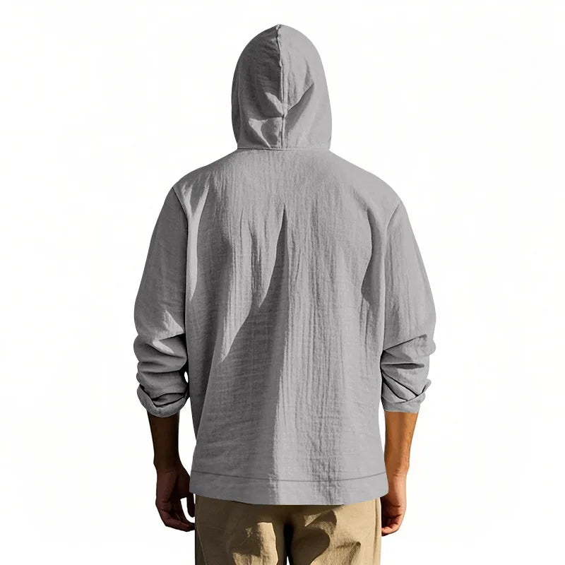 Men's Linen Hoodie Shirt Casual Slim Fit Hooded Long Sleeve Solid Button Down T-shirt Tops New Men Spring Summer Vacation Shirts